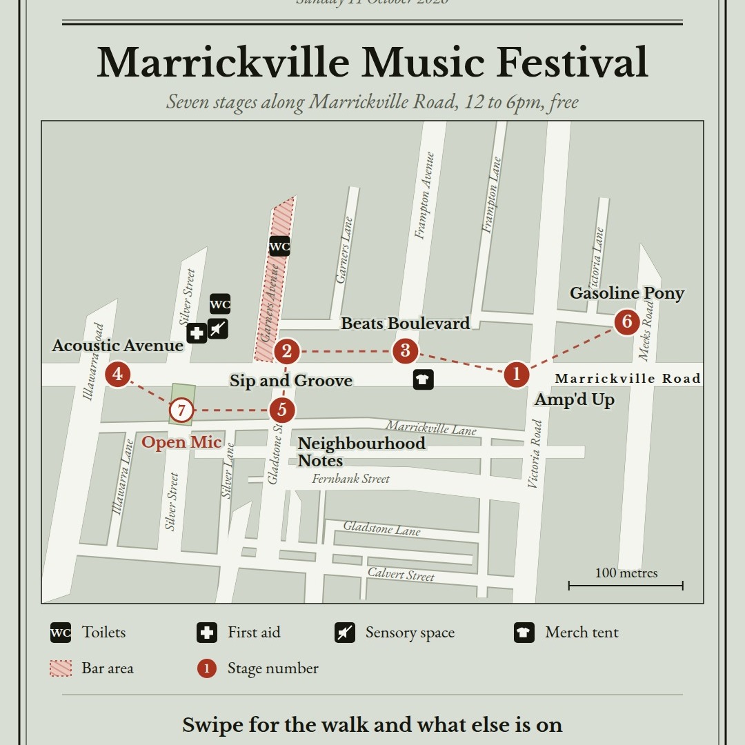 Map of the seven Marrickville Music Festival stages along Marrickville Road, with toilets, first aid, sensory space, merch tent and bar area