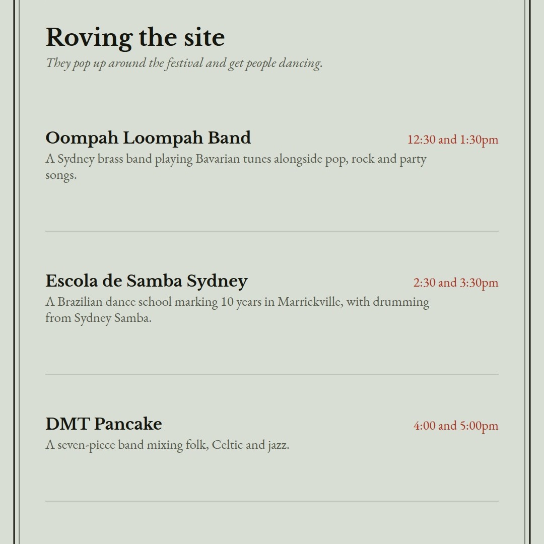 Roving the site: Oompah Loompah Band, Escola de Samba Sydney, DMT Pancake