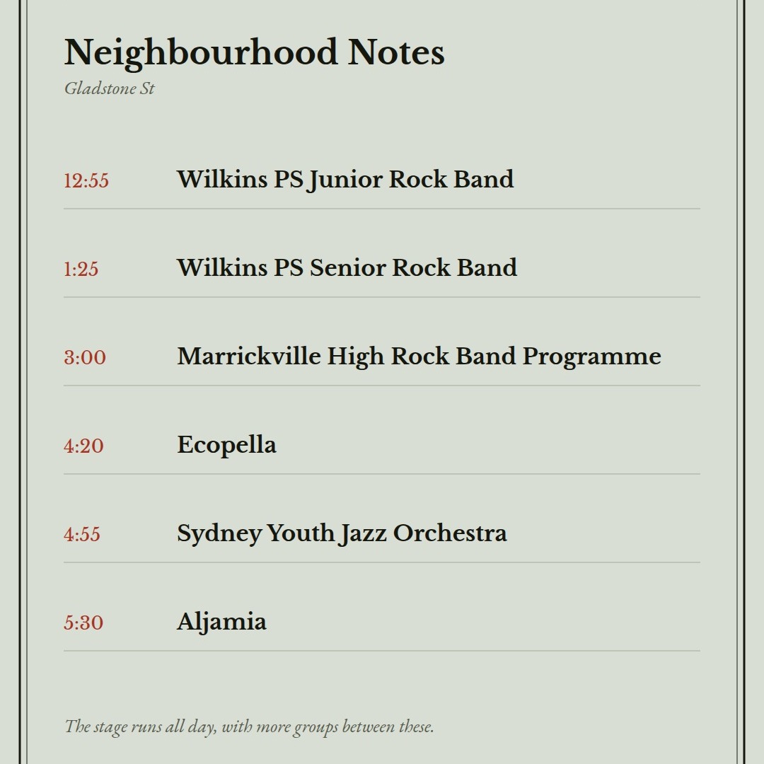 Neighbourhood Notes on Gladstone St: Wilkins PS Junior and Senior Rock Bands, Marrickville High Rock Band Programme, Ecopella, Sydney Youth Jazz Orchestra, Aljamia