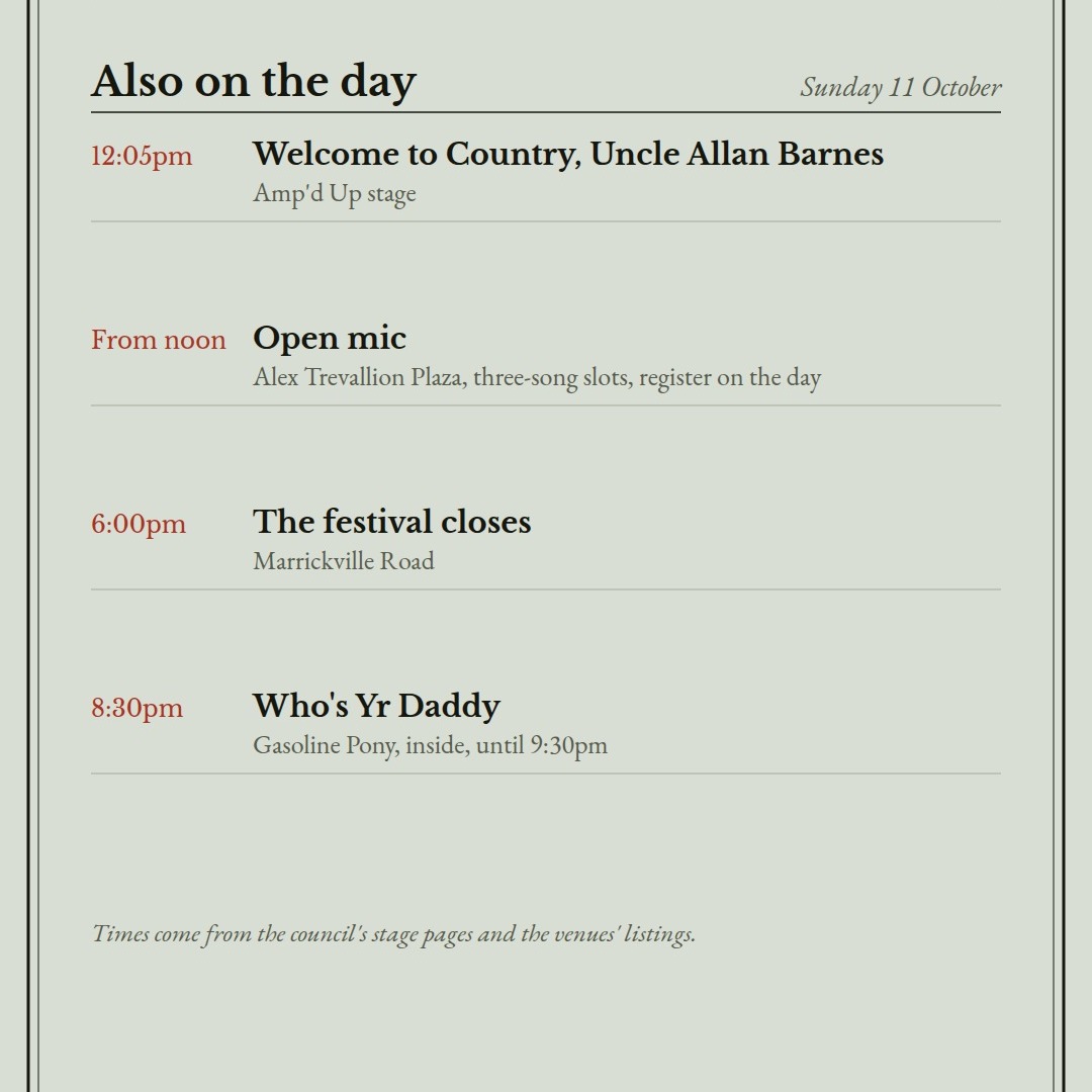 Also on the day, Sunday 11 October: Welcome to Country at 12:05pm, open mic from noon, the festival closes at 6pm, Who’s Yr Daddy at 8:30pm at Gasoline Pony