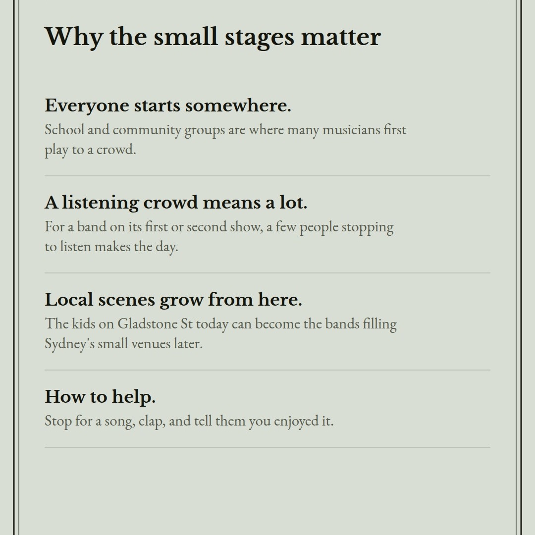 Why the small stages matter: everyone starts somewhere, a listening crowd means a lot, local scenes grow from here, how to help