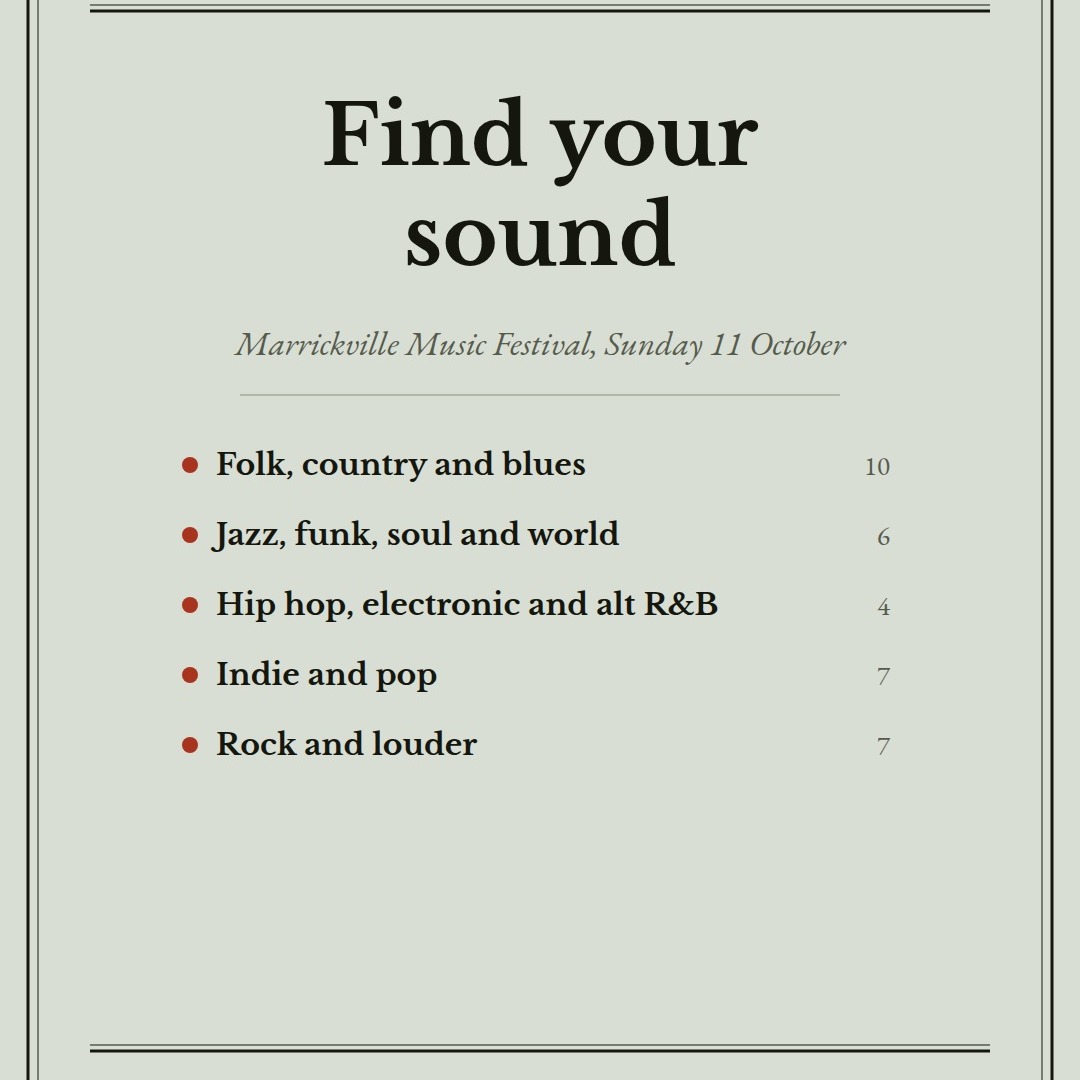 Find your sound: folk, country and blues; jazz, funk, soul and world; hip hop, electronic and alt R&B; indie and pop; rock and louder