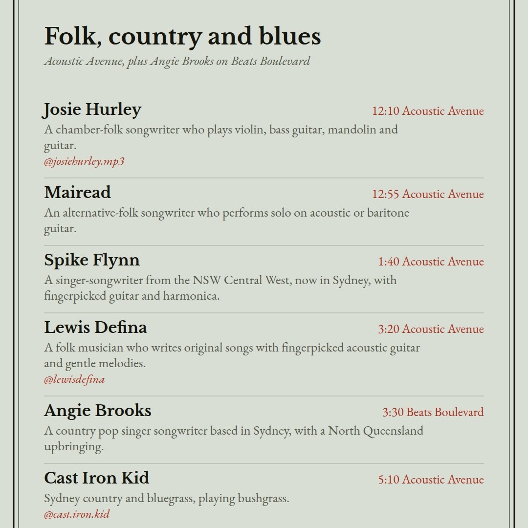 Folk, country and blues at Acoustic Avenue: Josie Hurley, Mairead, Spike Flynn, Lewis Defina, Angie Brooks, Cast Iron Kid