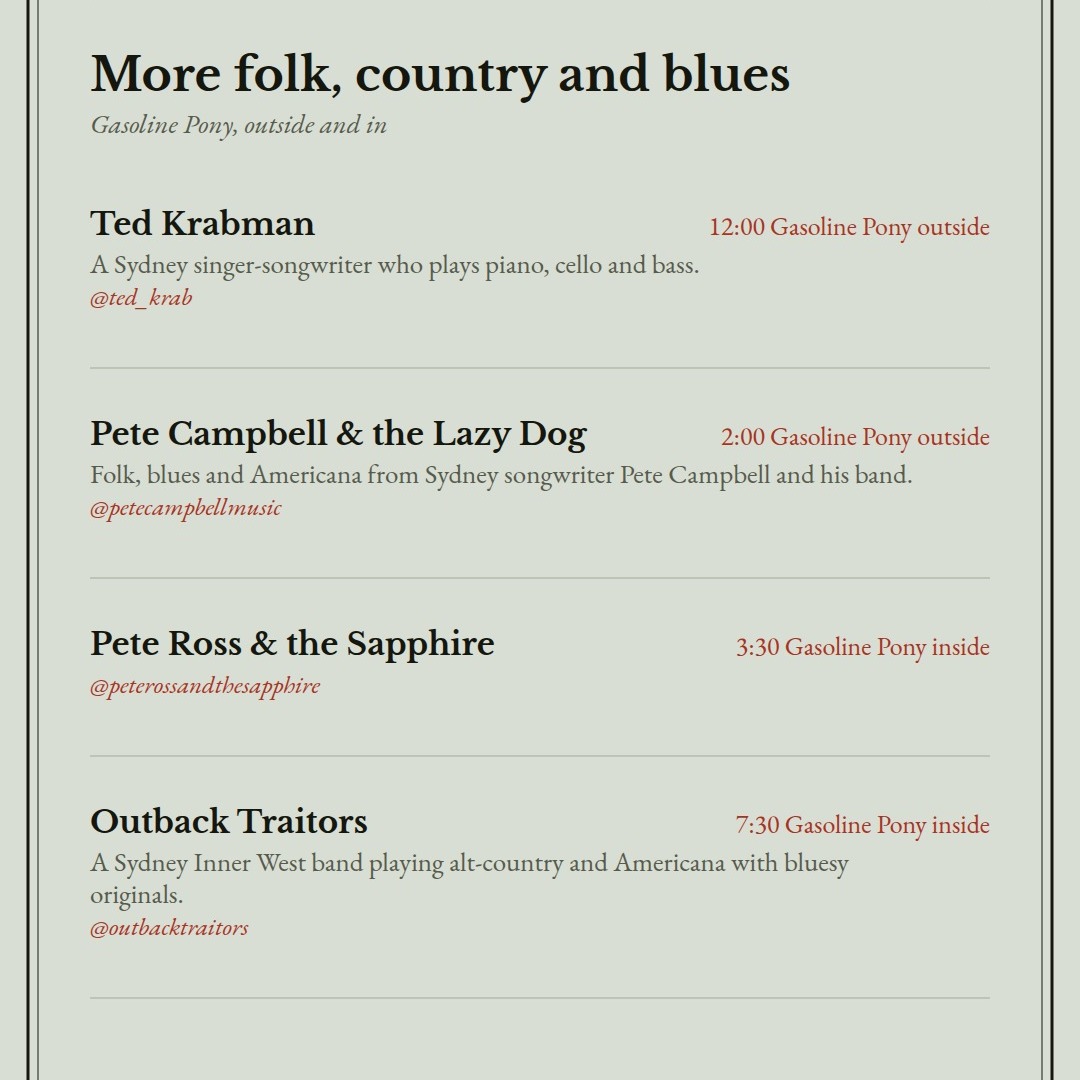 More folk, country and blues at Gasoline Pony: Ted Krabman, Pete Campbell & the Lazy Dog, Pete Ross & the Sapphire, Outback Traitors