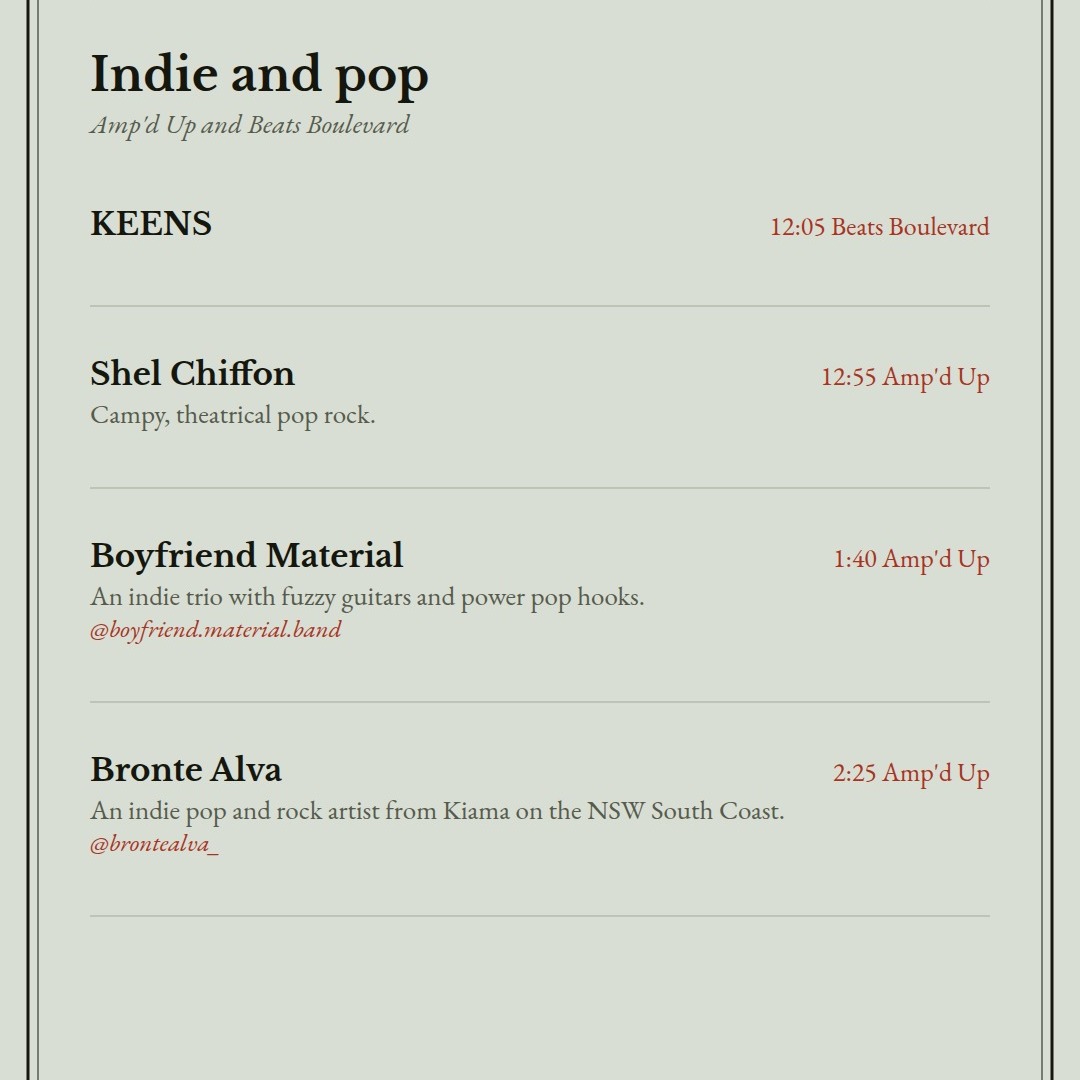 Indie and pop at Amp’d Up and Beats Boulevard: KEENS, Shel Chiffon, Boyfriend Material, Bronte Alva