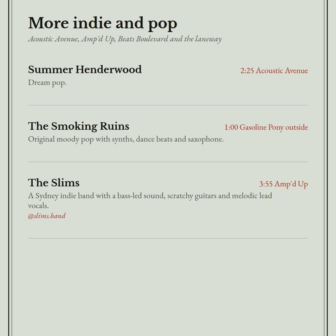 More indie and pop: Summer Henderwood, The Smoking Ruins, The Slims