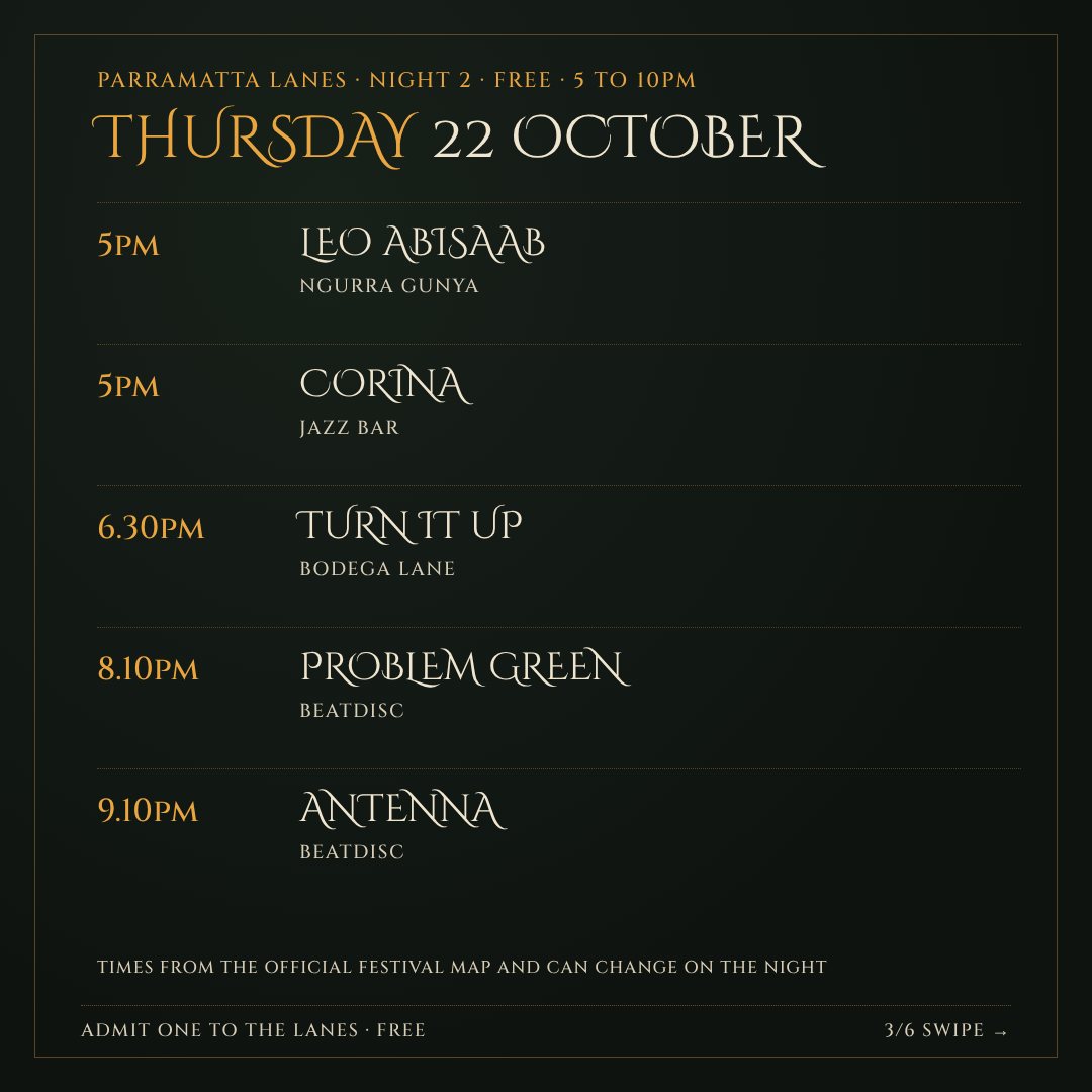 Thursday 22 October: Leo Abisaab at Ngurra Gunya, Corina at Jazz Bar, Turn It Up at Bodega Lane, Problem Green and Antenna at Beatdisc