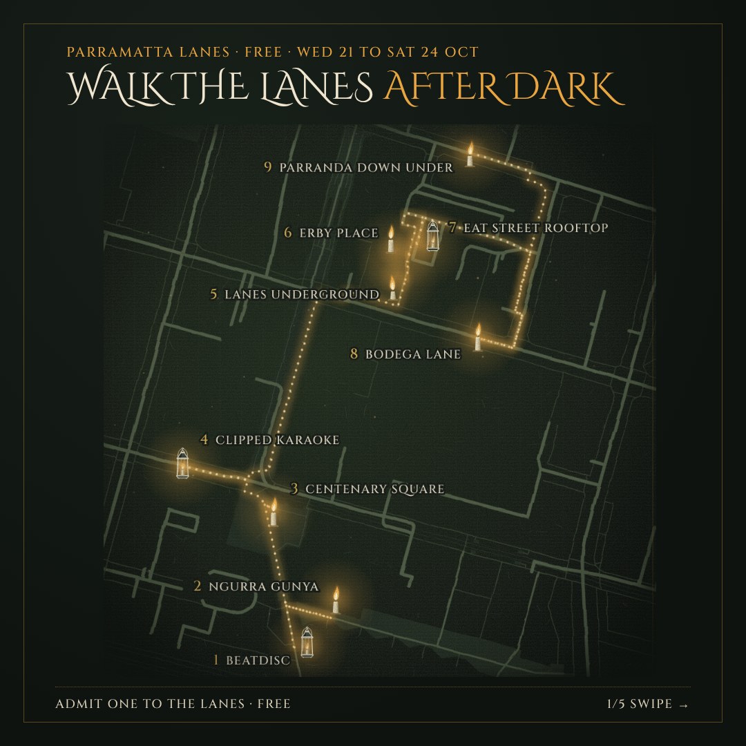 Walk the Lanes After Dark: map of the nine Parramatta Lanes stops, from Beatdisc to Parranda Down Under