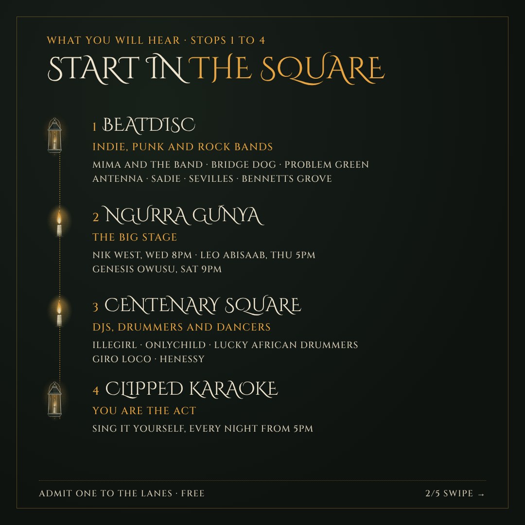 Start in the square, stops 1 to 4: Beatdisc, Ngurra Gunya, Centenary Square and Clipped Karaoke