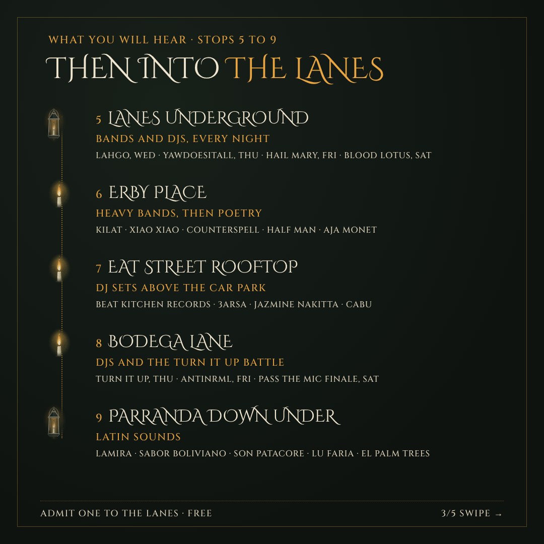 Then into the lanes, stops 5 to 9: Lanes Underground, Erby Place, Eat Street Rooftop, Bodega Lane and Parranda Down Under